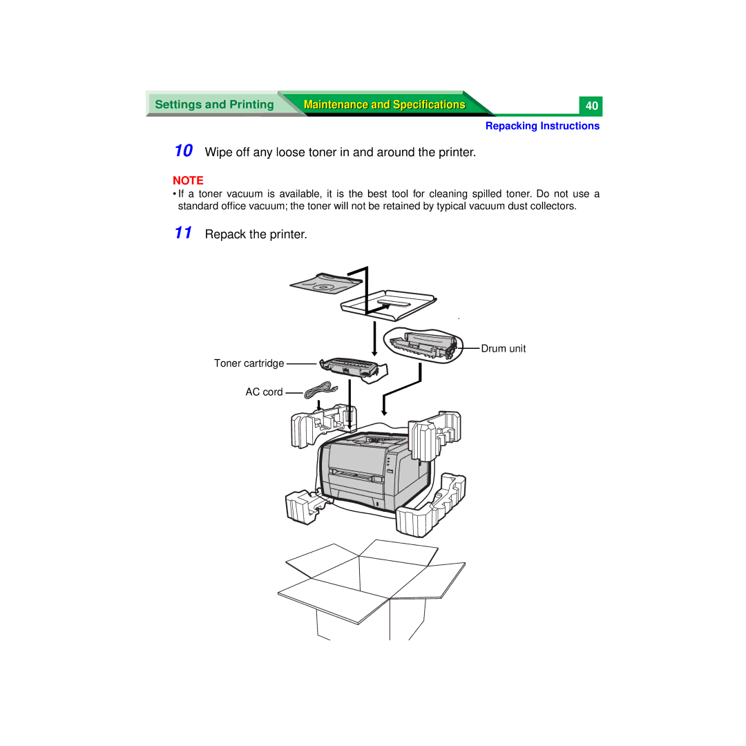 Panasonic XX-XXXX specifications Wipe off any loose toner in and around the printer 