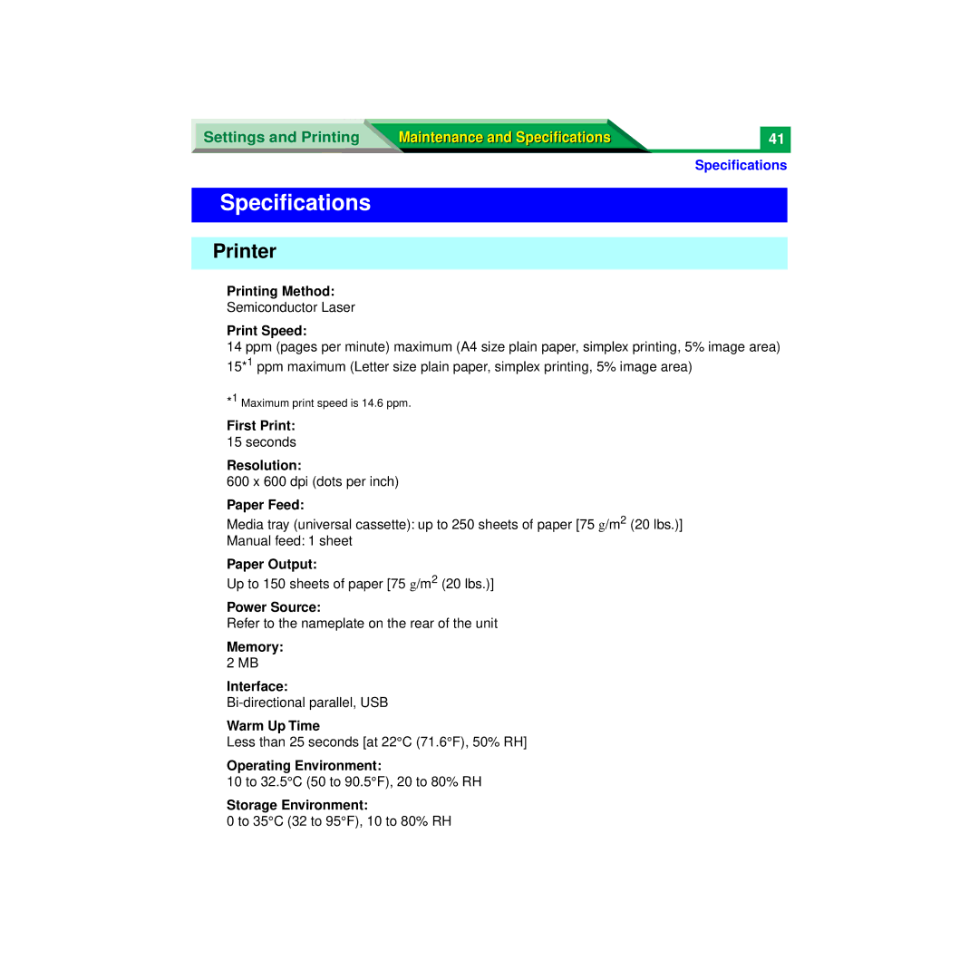 Panasonic XX-XXXX specifications Speciﬁcations, Printer 