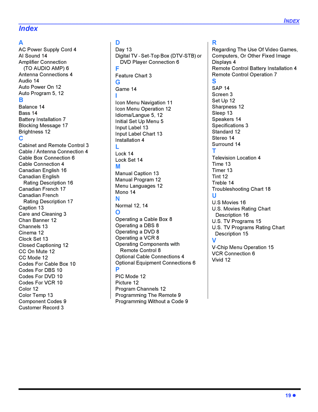 Panasonic CT-32E14, CT-G2134, CT-G2174, CT-G2174L, CT-G2974, CT-G2974L, CT-G3354 operating instructions Index, To Audio AMP 