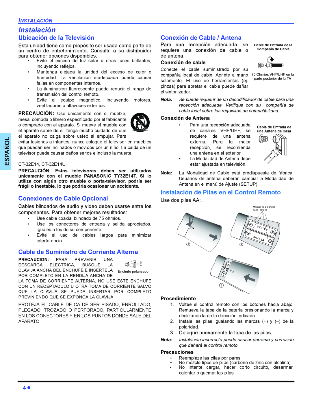 Panasonic CT-32E14, CT-G2134, CT-G2174, CT-G2174L, CT-G2974, CT-G2974L, CT-G3354 Instalación, Ubicación de la Televisión 