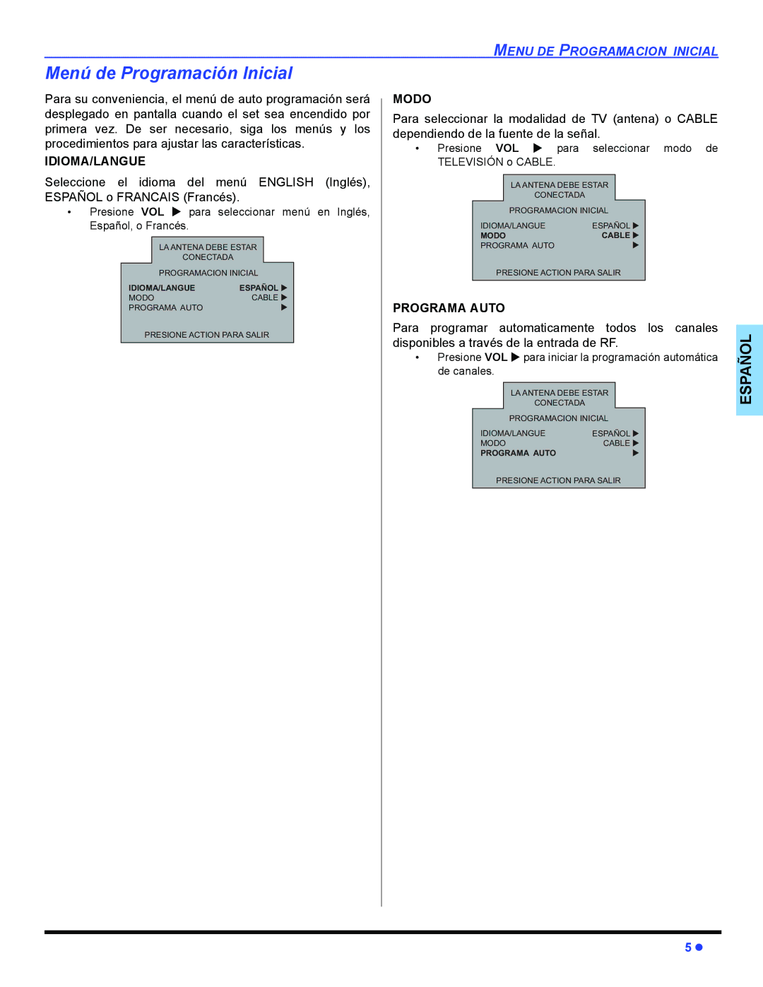 Panasonic CT-32E14, CT-G2134, CT-G2174, CT-G2174L, CT-G2974, CT-G2974L, CT-G3354 Menú de Programación Inicial, Modo 