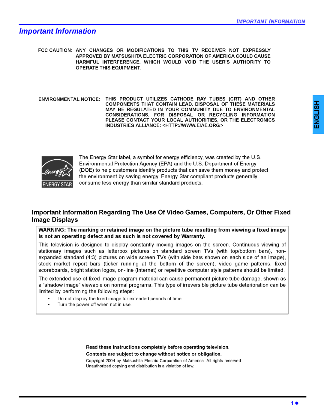 Panasonic CT-32E14, CT-G2134, CT-G2174, CT-G2174L, CT-G2974, CT-G2974L, CT-G3354 Important Information 