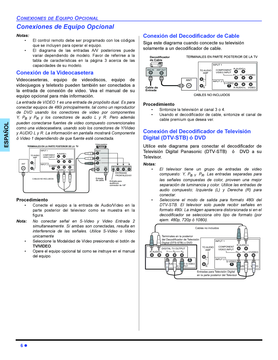 Panasonic CT-32E14, CT-G2134, CT-G2174, CT-G2174L, CT-G2974, CT-G2974L, CT-G3354 Conexiones de Equipo Opcional 