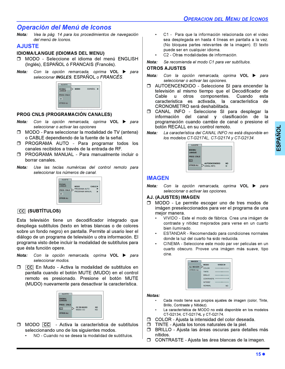 Panasonic CT-32E14, CT-G2134, CT-G2174, CT-G2174L, CT-G2974, CT-G2974L, CT-G3354 Operación del Menú de Iconos, Ajuste 