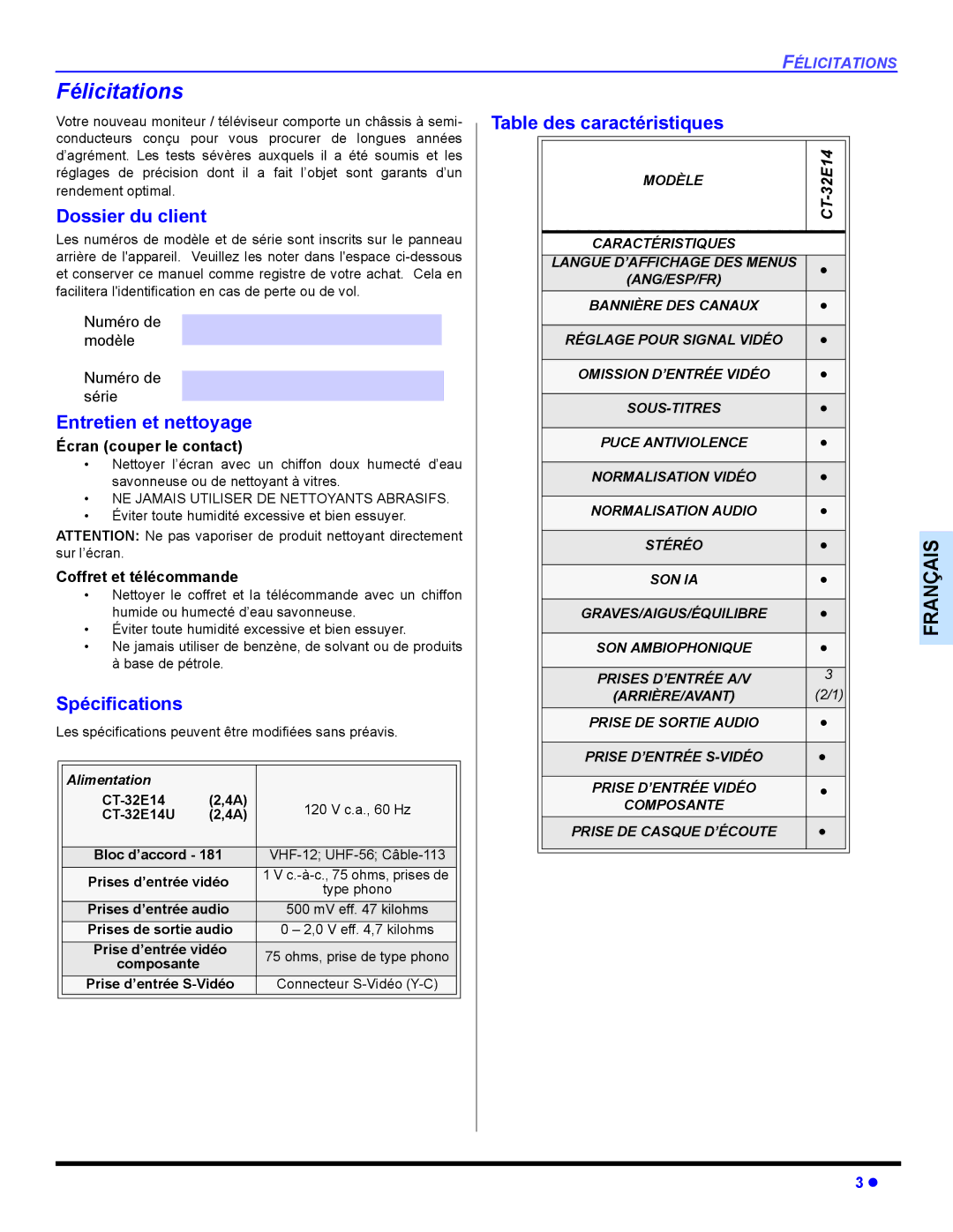 Panasonic CT-32E14, CT-G2134, CT-G2174, CT-G2174L, CT-G2974, CT-G2974L, CT-G3354 Félicitations, Dossier du client 