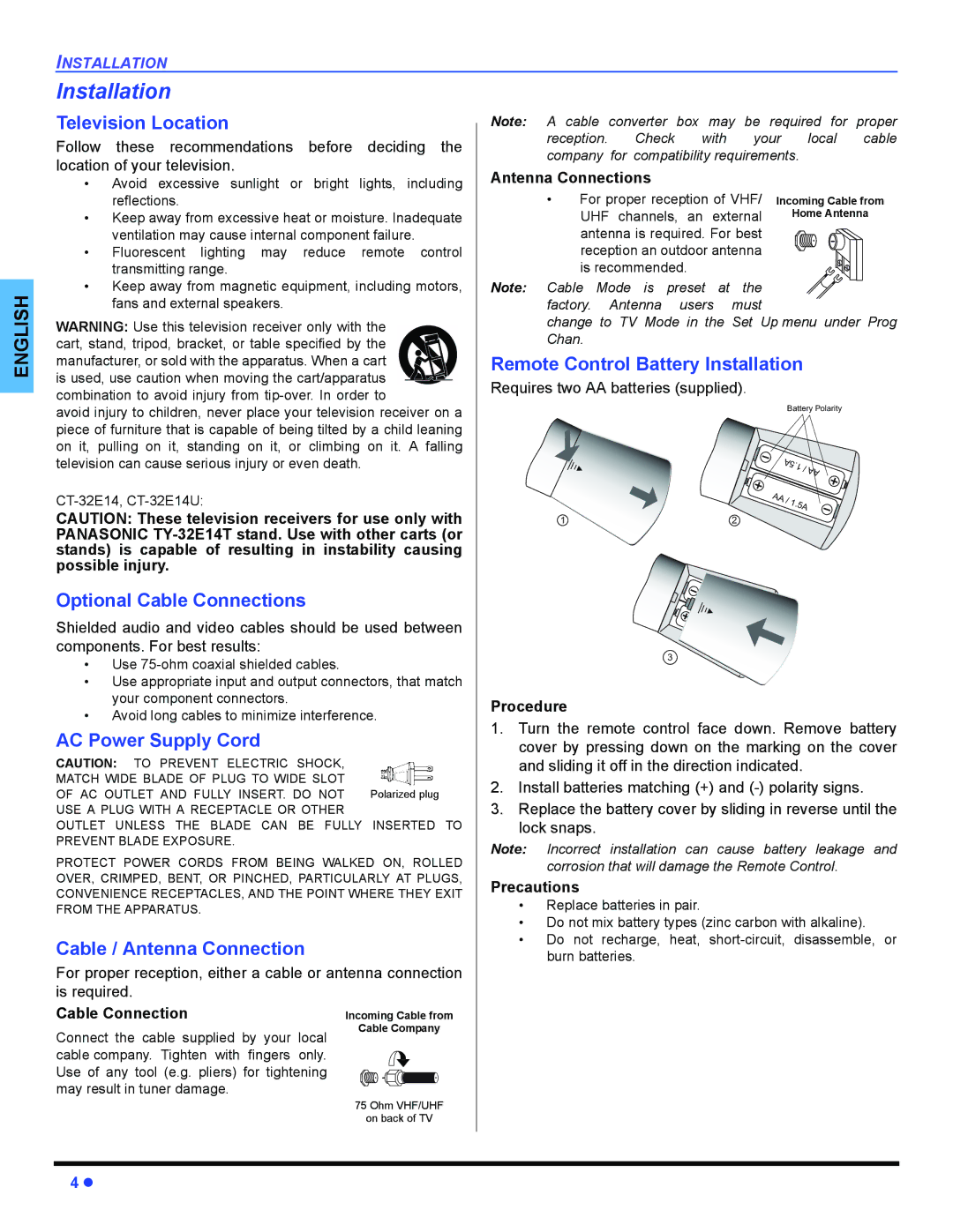 Panasonic CT-32E14, CT-G2134, CT-G2174, CT-G2174L, CT-G2974, CT-G2974L, CT-G3354 operating instructions Installation 