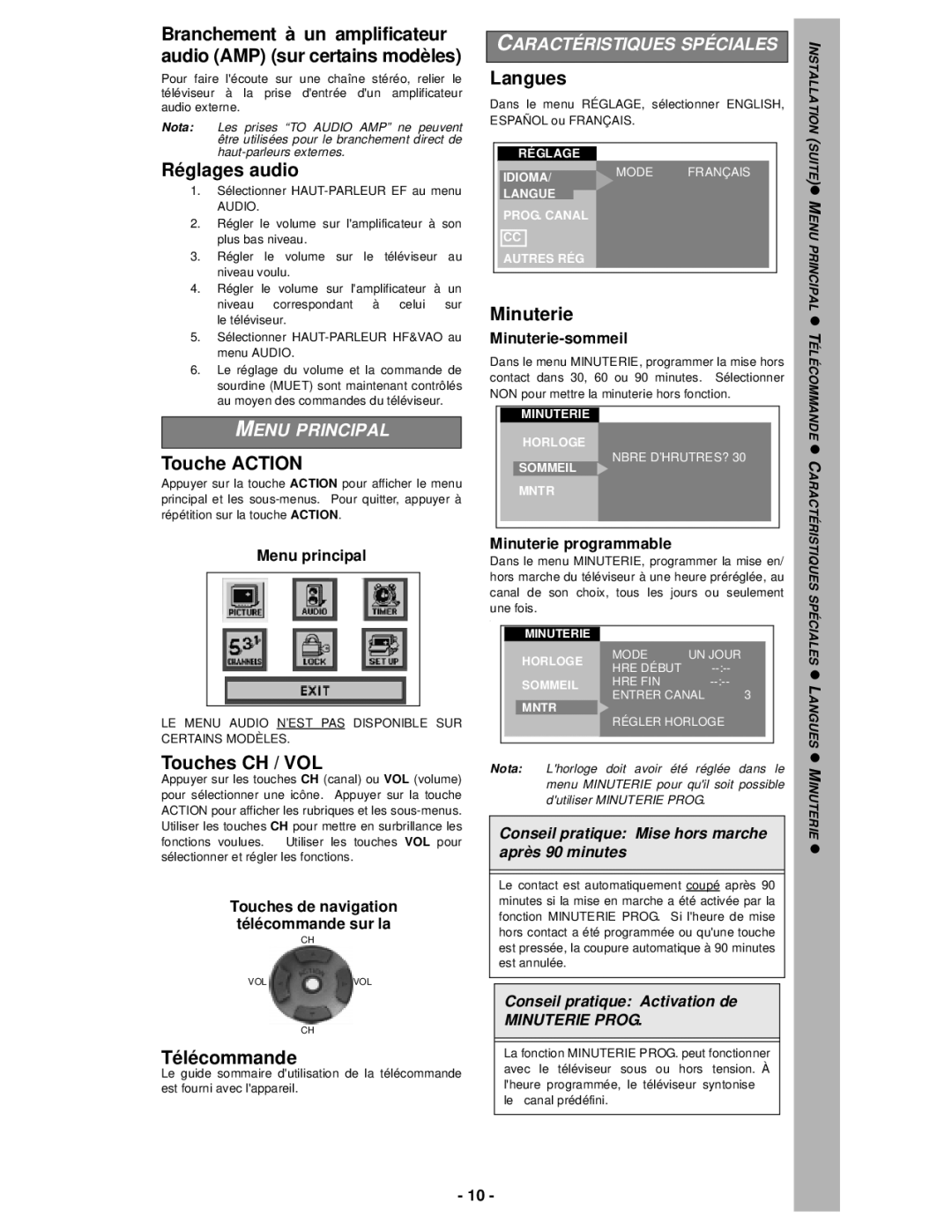 Panasonic CT-13R32C, CT-13R42C, CT-13R52D, CT-20R6C, CT-20G6D, CT-20D11D, CT-25G6C Réglages audio, Touche Action, Langues 