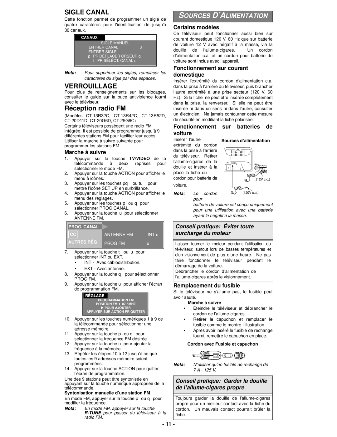 Panasonic CT-13R32C, CT-13R42C, CT-13R52D, CT-20R6C, CT-20G6D, CT-20D11D, CT-25G6C manual Réception radio FM 