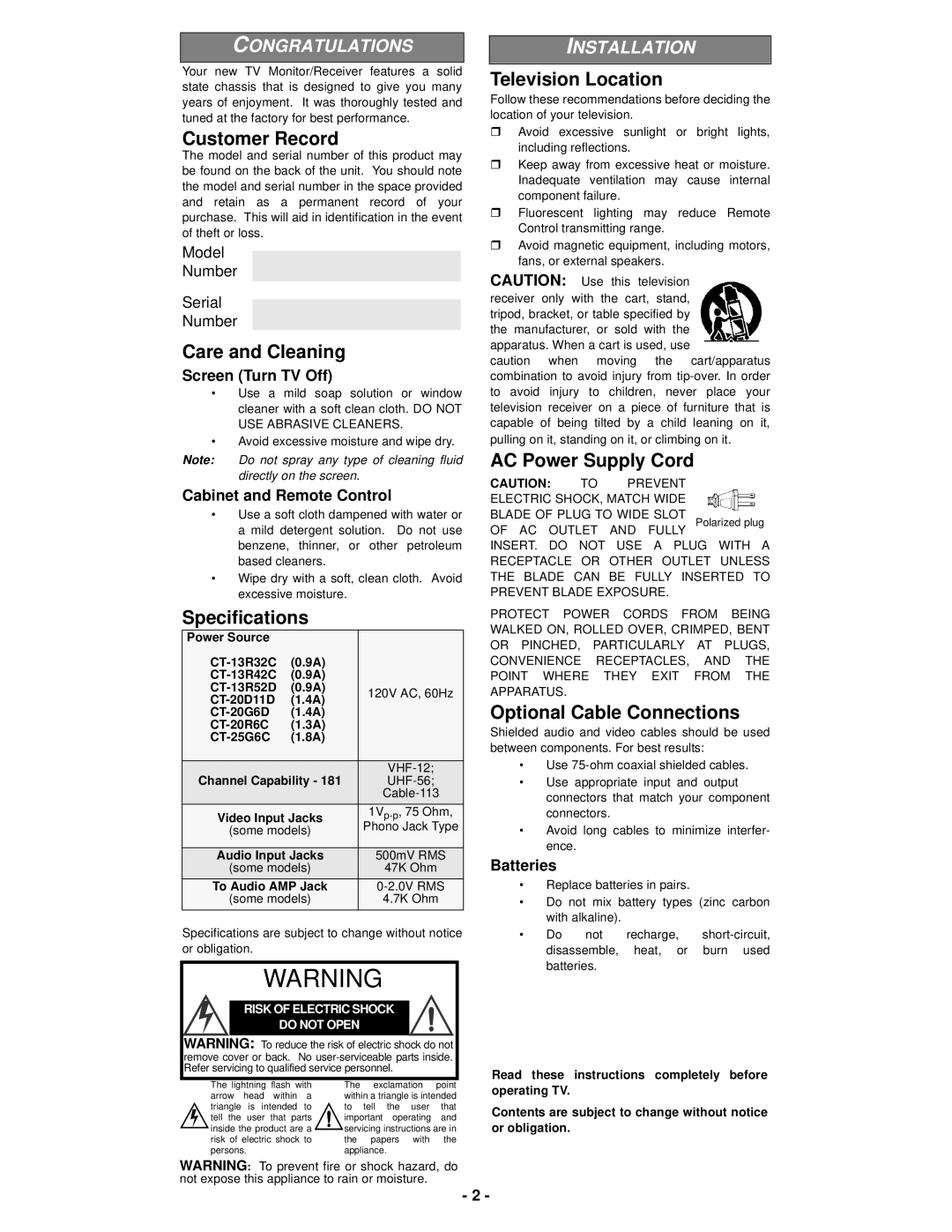 Panasonic CT-13R32C, CT-13R42C, CT-13R52D, CT-20R6C, CT-20G6D, CT-20D11D, CT-25G6C Customer Record, Care and Cleaning 