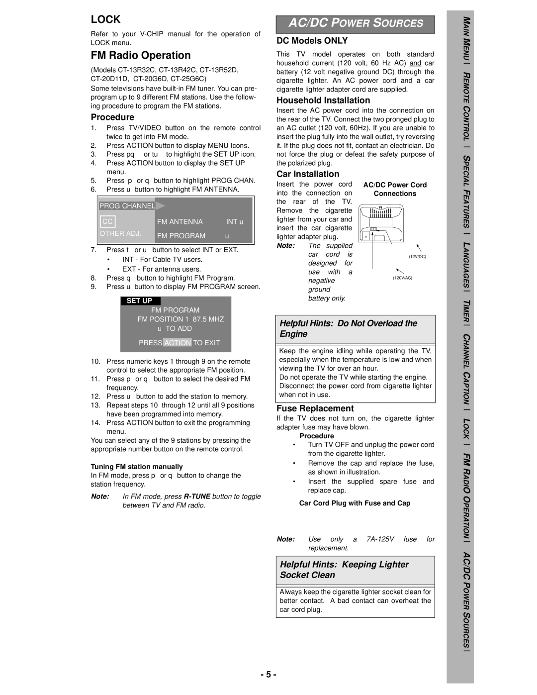 Panasonic CT-13R32C, CT-13R42C, CT-13R52D, CT-20R6C, CT-20G6D, CT-20D11D, CT-25G6C FM Radio Operation, AC/DC Power Sources 