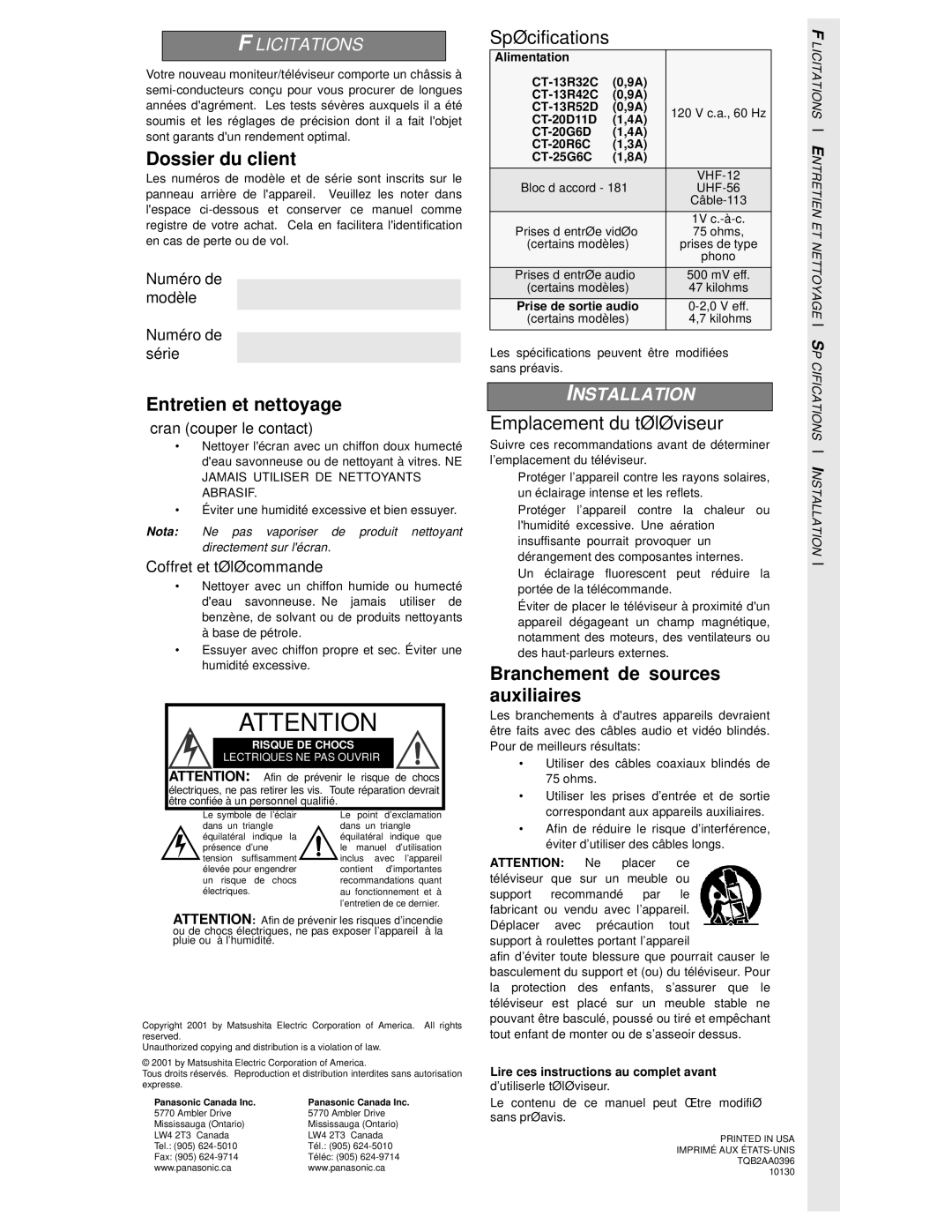 Panasonic CT-13R32C, CT-13R42C, CT-13R52D, CT-20R6C, CT-20G6D, CT-20D11D, CT-25G6C manual Dossier du client, Spécifications 