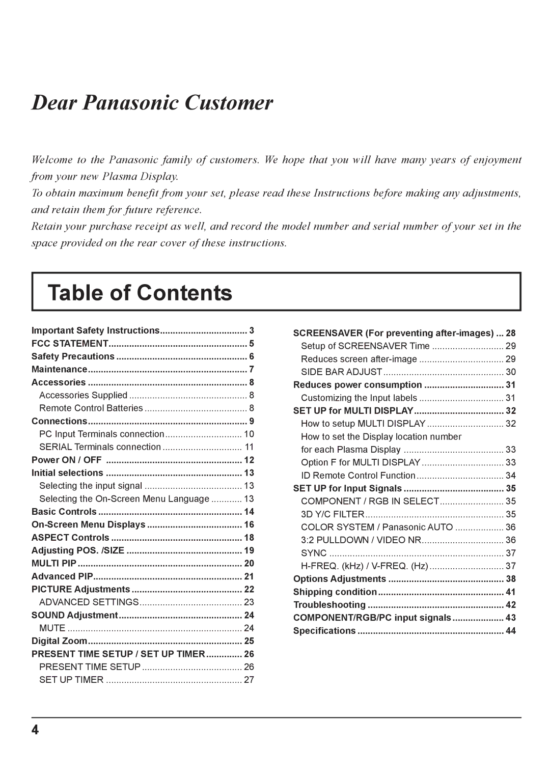 Panasonic TH-37PWD8GK, TH-37PWD8GS, TH-42PWD8GK, TH-42PWD8GS, TH-37PHD8GK, TH-37PHD8GS, TH-42PHD8GK, TH-42PHD8GS manual 