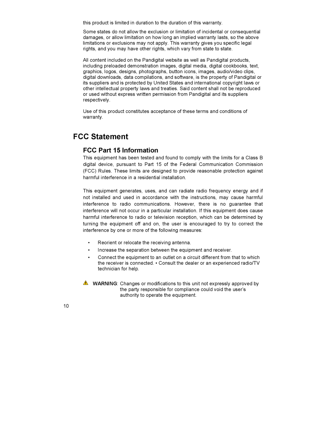 Pandigital PAN1802A manual FCC Statement, FCC Part 15 Information 