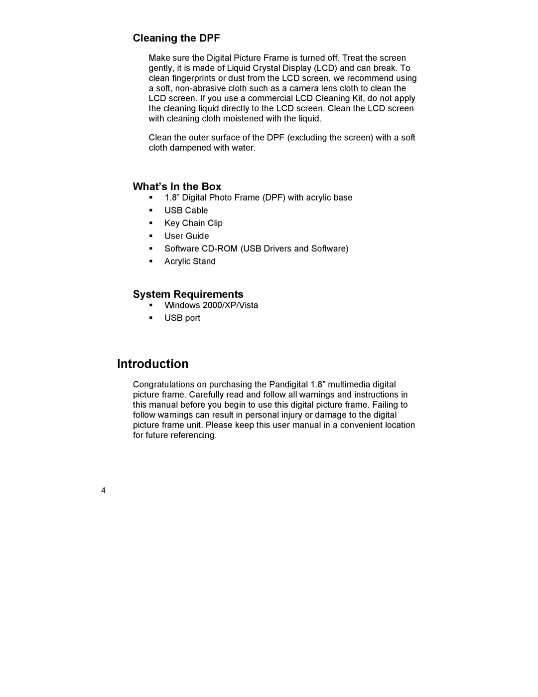 Pandigital PAN1802A manual Introduction, Cleaning the DPF, What’s In the Box, System Requirements 