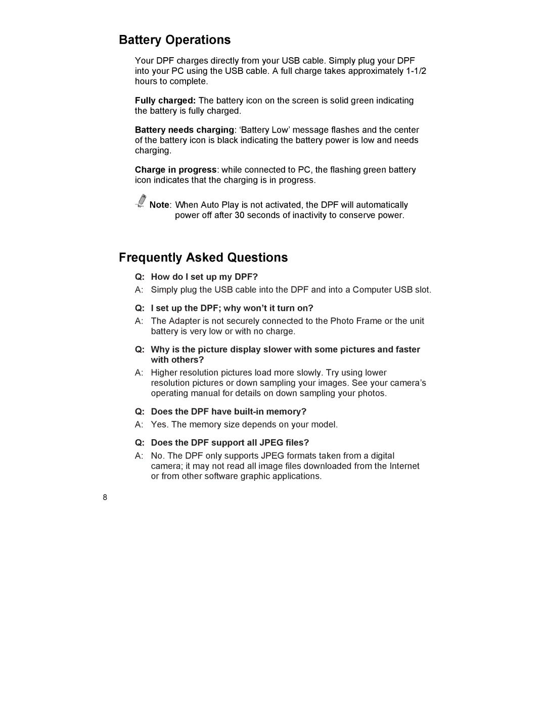 Pandigital PAN1802A manual Battery Operations, Frequently Asked Questions 