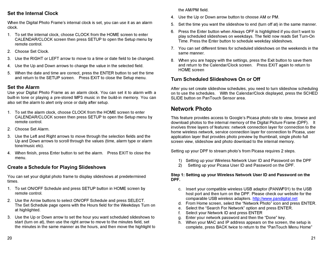Pandigital PAN80XXT manual Network Photo, Set the Internal Clock, Set the Alarm, Create a Schedule for Playing Slideshows 