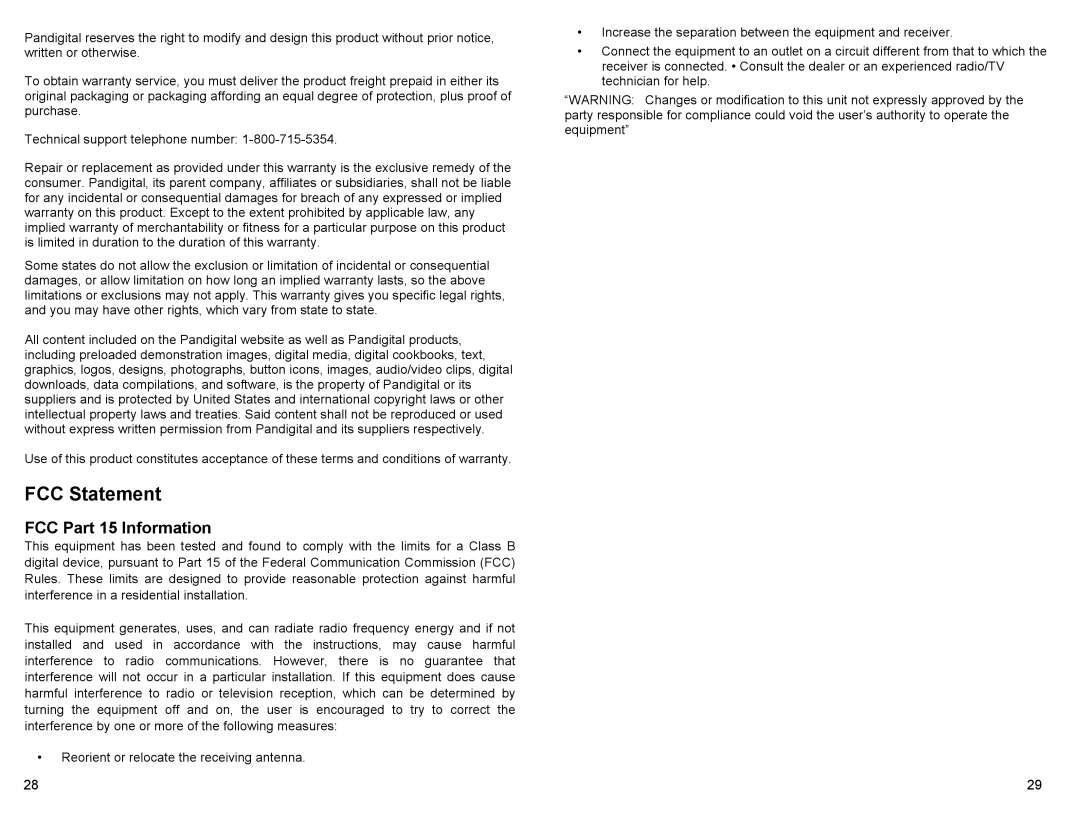 Pandigital PAN80XXT manual FCC Statement, FCC Part 15 Information 