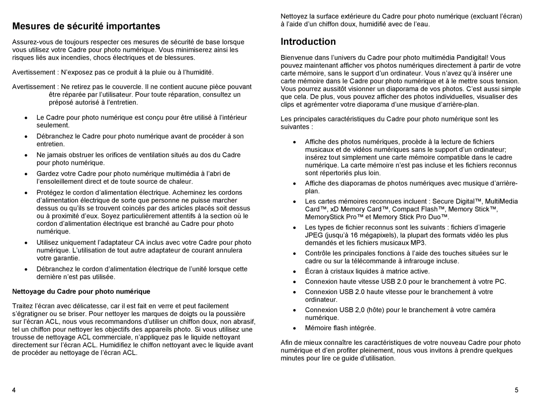 Pandigital PAN80XXT manual Mesures de sécurité importantes, Nettoyage du Cadre pour photo numérique 