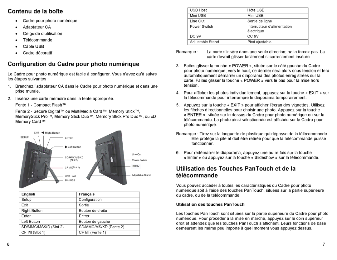 Pandigital PAN80XXT Contenu de la boîte, Configuration du Cadre pour photo numérique, Utilisation des touches PanTouch 