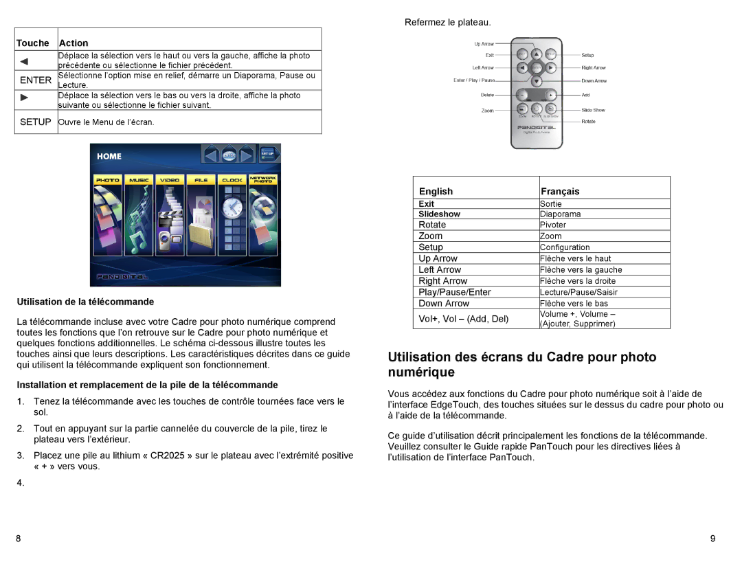 Pandigital PAN80XXT Utilisation des écrans du Cadre pour photo numérique, Touche Action, Utilisation de la télécommande 