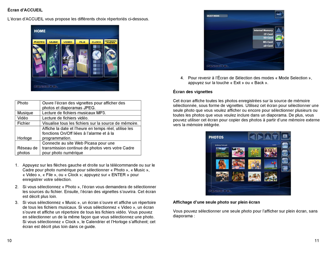 Pandigital PAN80XXT manual Écran d’ACCUEIL, Écran des vignettes, Affichage d’une seule photo sur plein écran 