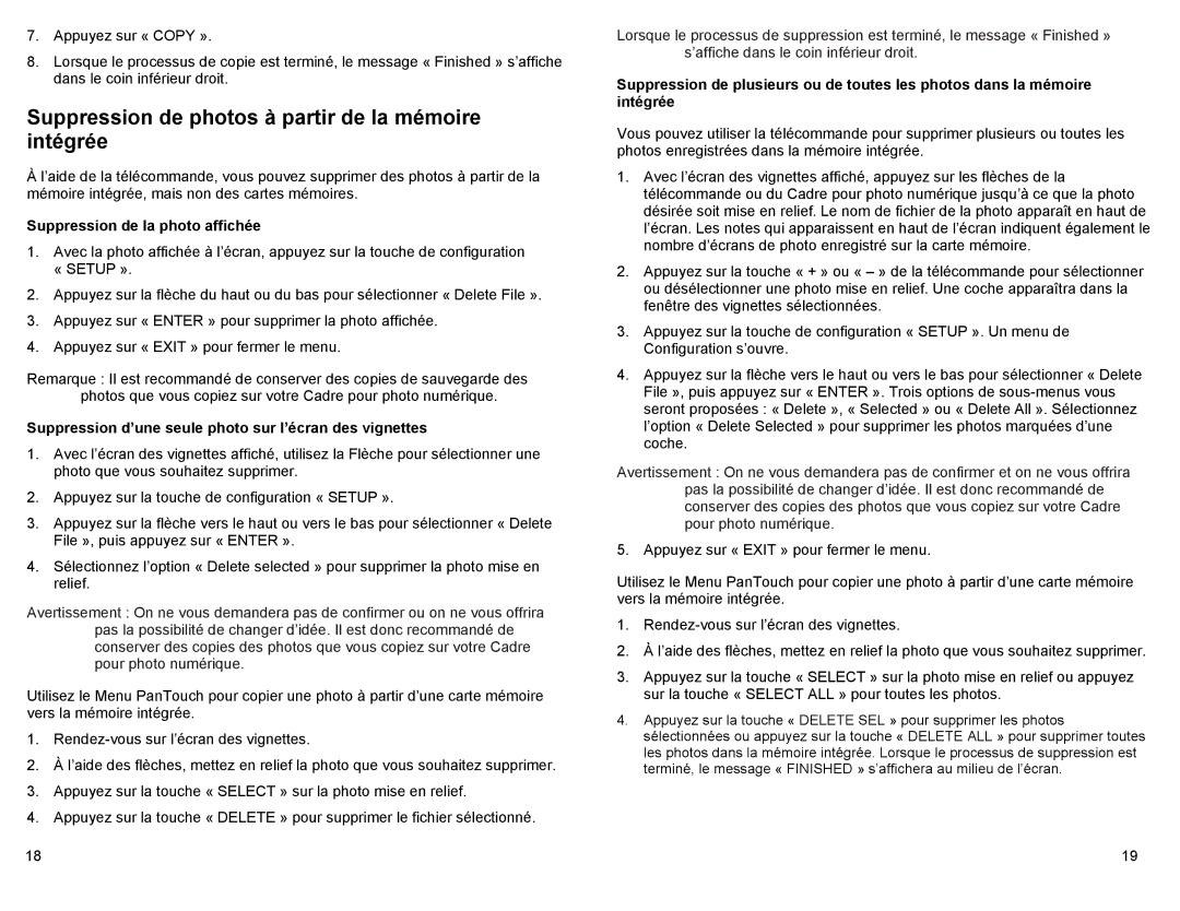 Pandigital PAN80XXT manual Suppression de photos à partir de la mémoire intégrée, Suppression de la photo affichée 