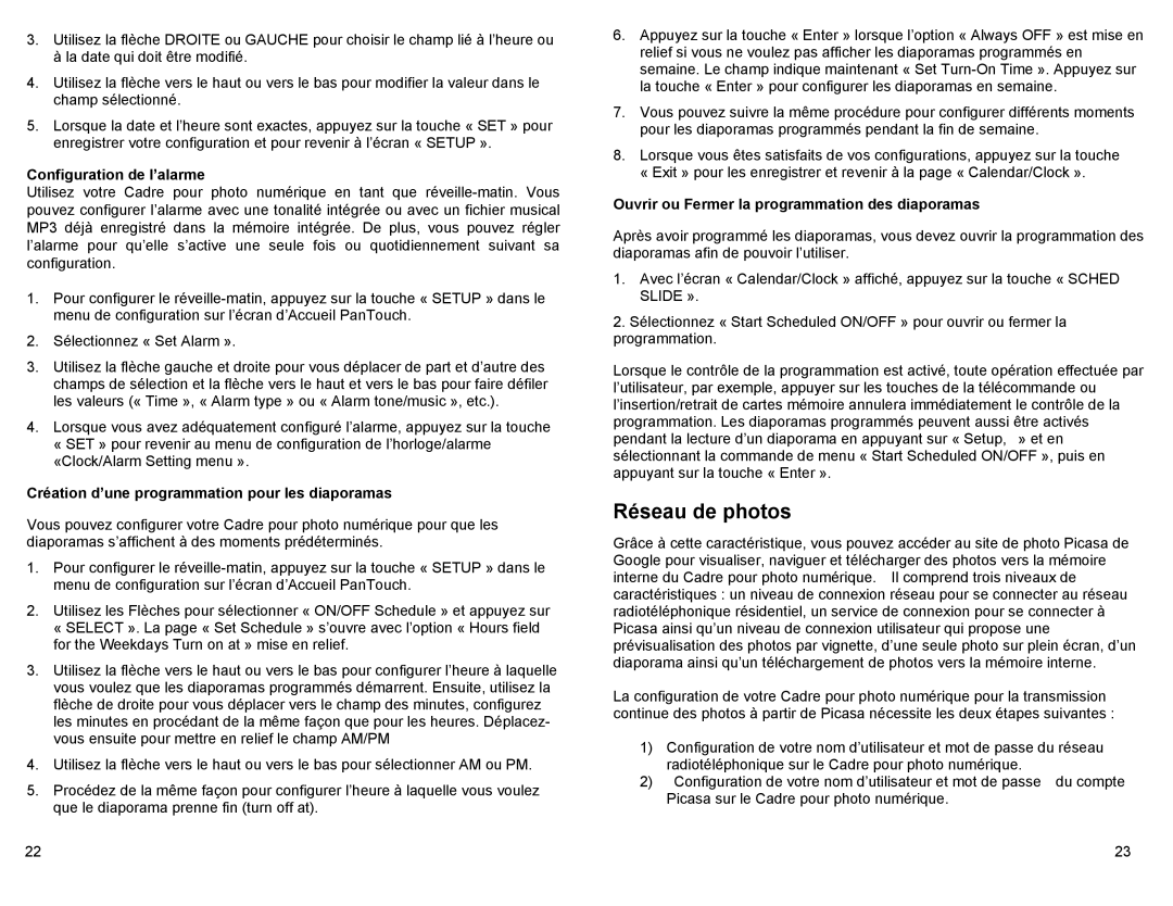 Pandigital PAN80XXT manual Réseau de photos, Configuration de l’alarme, Création d’une programmation pour les diaporamas 