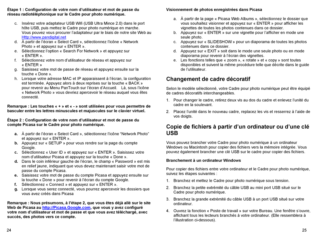 Pandigital PAN80XXT manual Changement de cadre décoratif, Copie de fichiers à partir d’un ordinateur ou d’une clé 