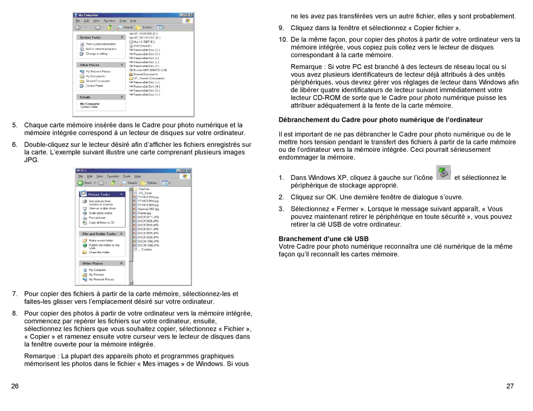 Pandigital PAN80XXT manual Débranchement du Cadre pour photo numérique de l’ordinateur, Branchement d’une clé USB 