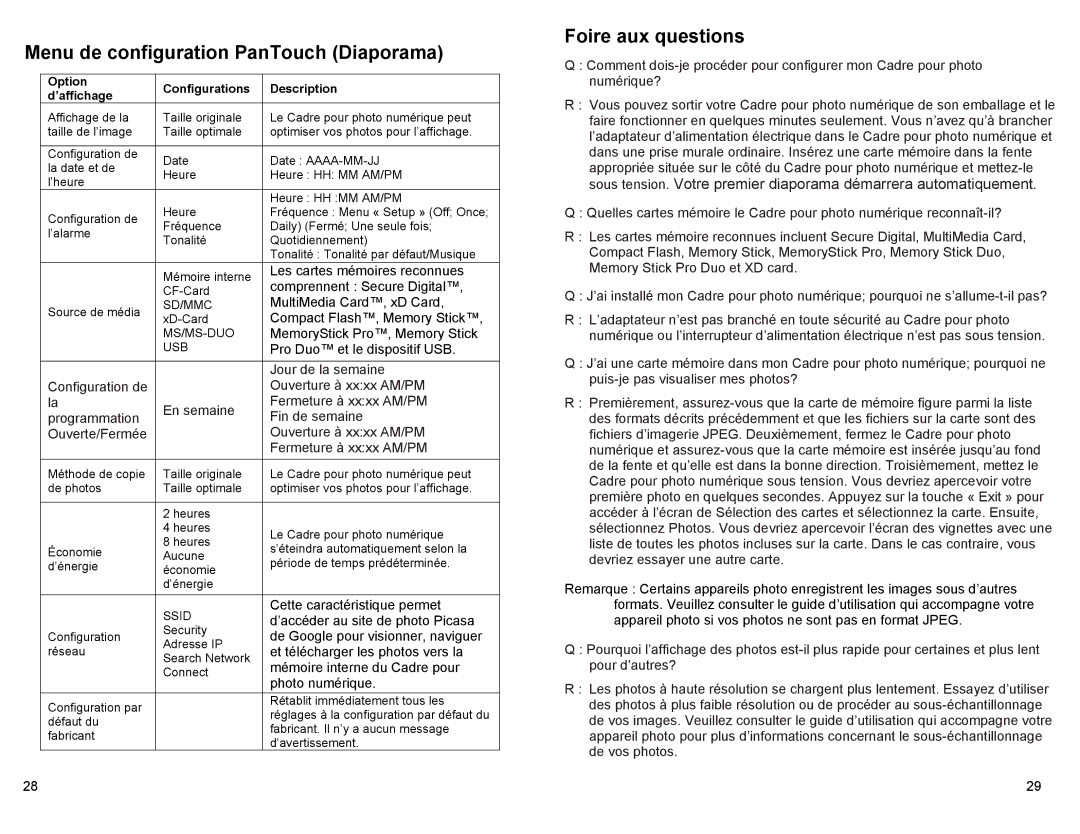 Pandigital PAN80XXT manual Menu de configuration PanTouch Diaporama, Foire aux questions 