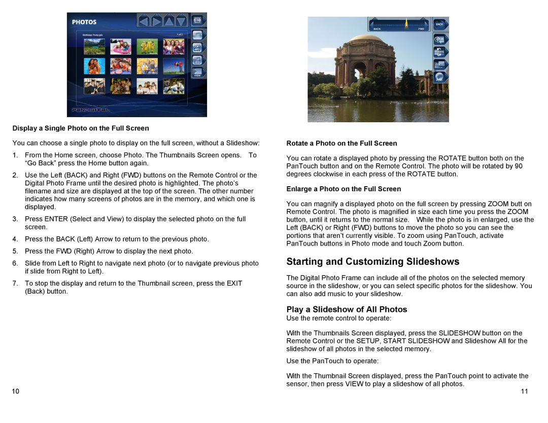 Pandigital PAN80XXT Starting and Customizing Slideshows, Play a Slideshow of All Photos, Rotate a Photo on the Full Screen 
