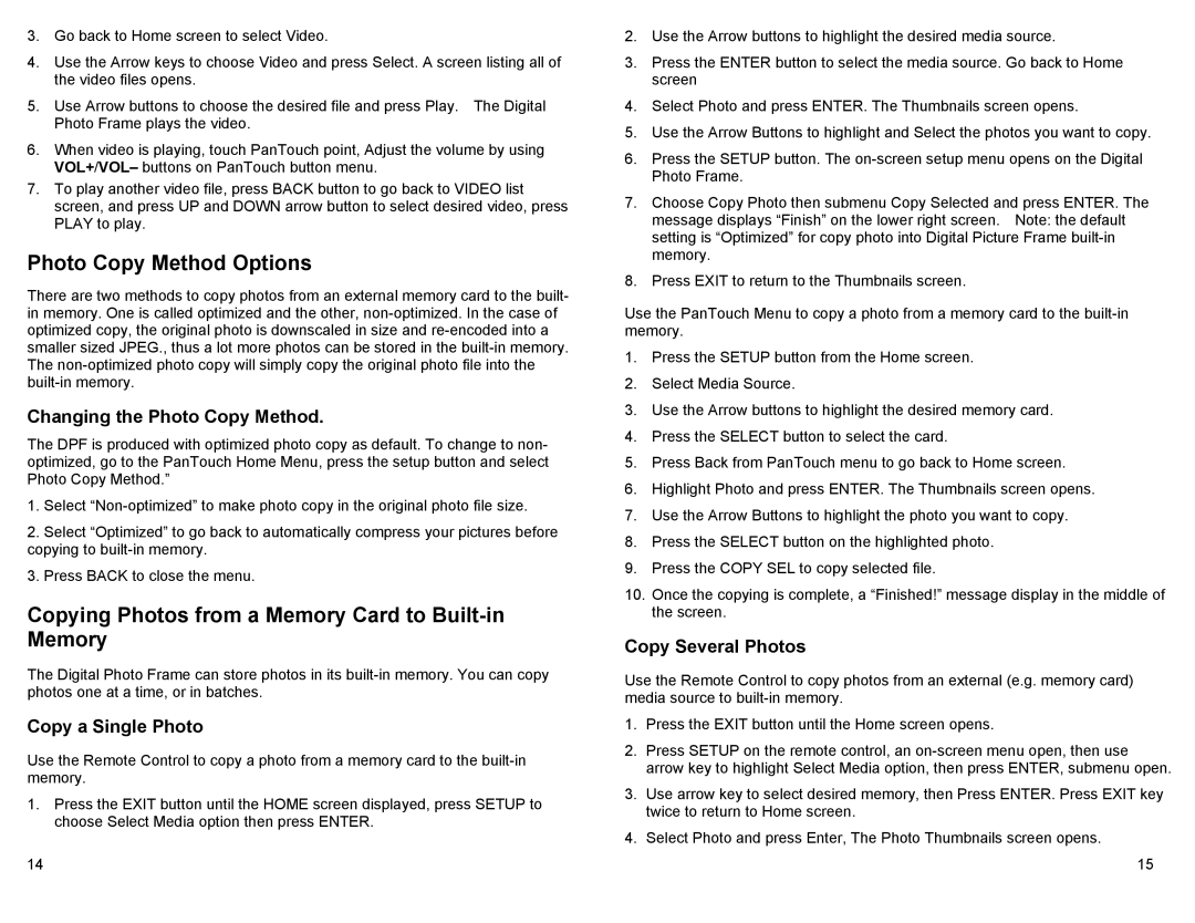 Pandigital PAN80XXT Photo Copy Method Options, Copying Photos from a Memory Card to Built-in Memory, Copy a Single Photo 