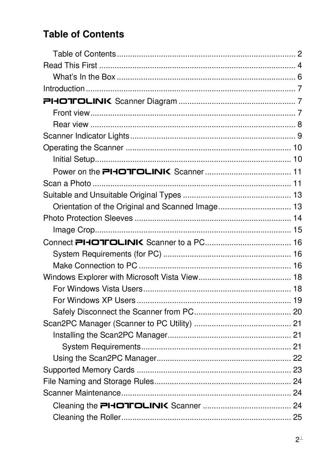 Pandigital PhotoLink Scanner manual Table of Contents 