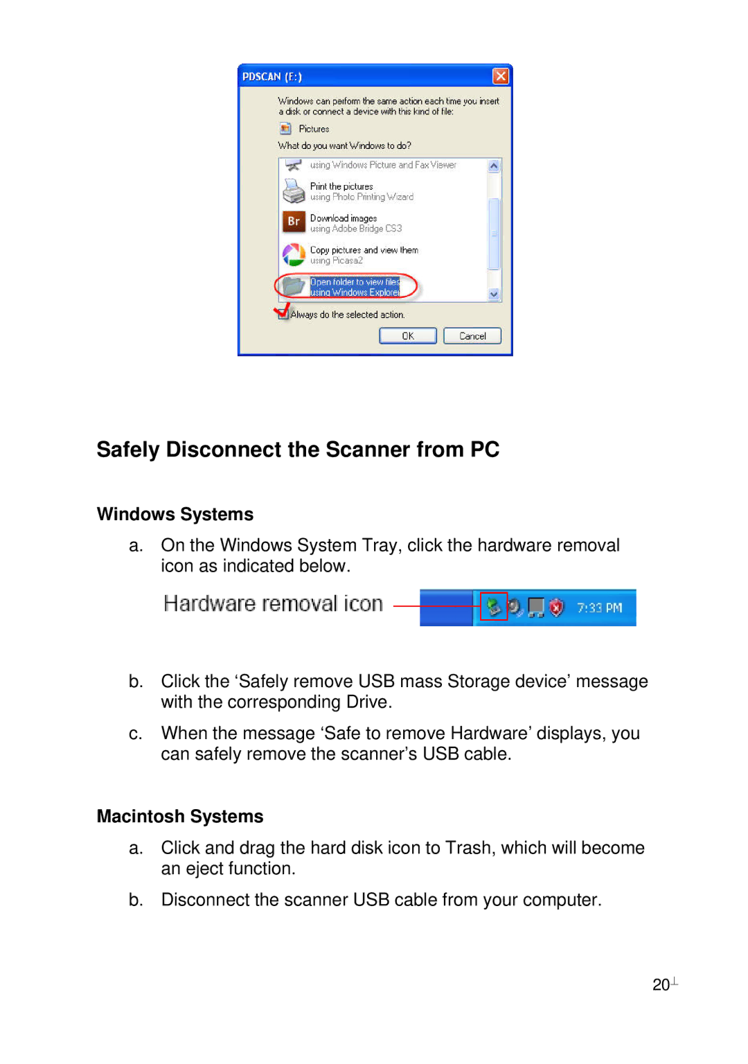 Pandigital PhotoLink Scanner manual Safely Disconnect the Scanner from PC, Windows Systems, Macintosh Systems 