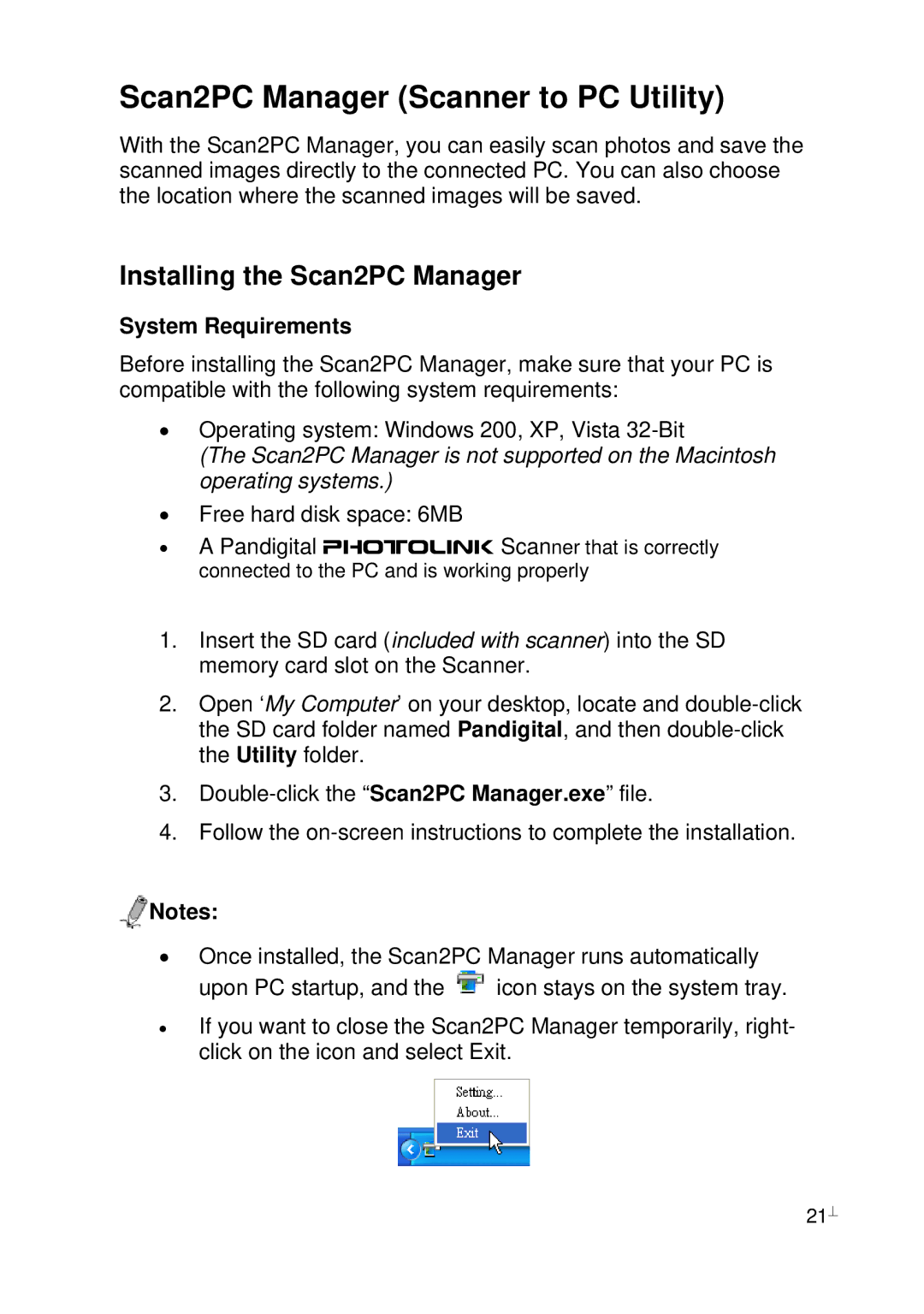 Pandigital PhotoLink Scanner Scan2PC Manager Scanner to PC Utility, Installing the Scan2PC Manager, System Requirements 