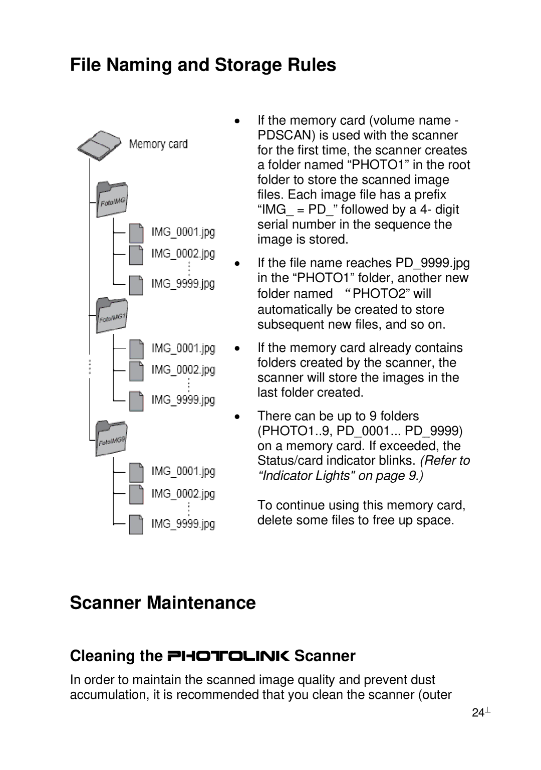 Pandigital manual File Naming and Storage Rules, Scanner Maintenance, Cleaning the PhotoLink Scanner 