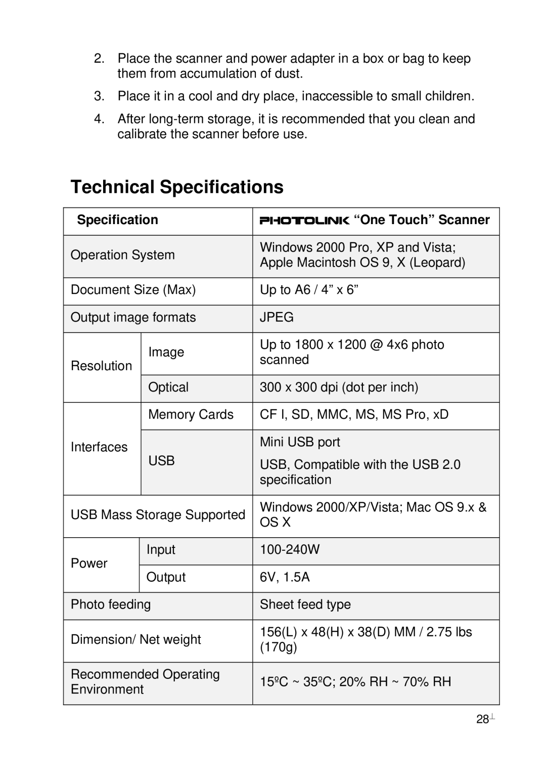 Pandigital PhotoLink Scanner manual Technical Specifications, Specification PhotoLink One Touch Scanner 