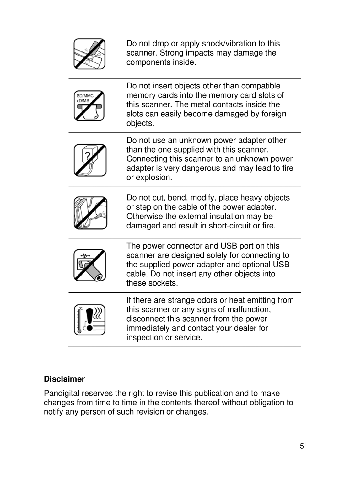 Pandigital PhotoLink Scanner manual Disclaimer 