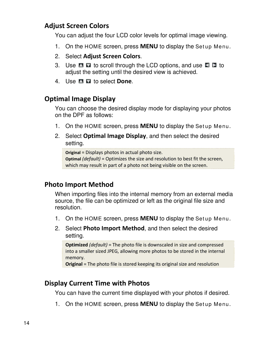 Pandigital PI1002DW Adjust Screen Colors, Optimal Image Display, Photo Import Method, Display Current Time with Photos 