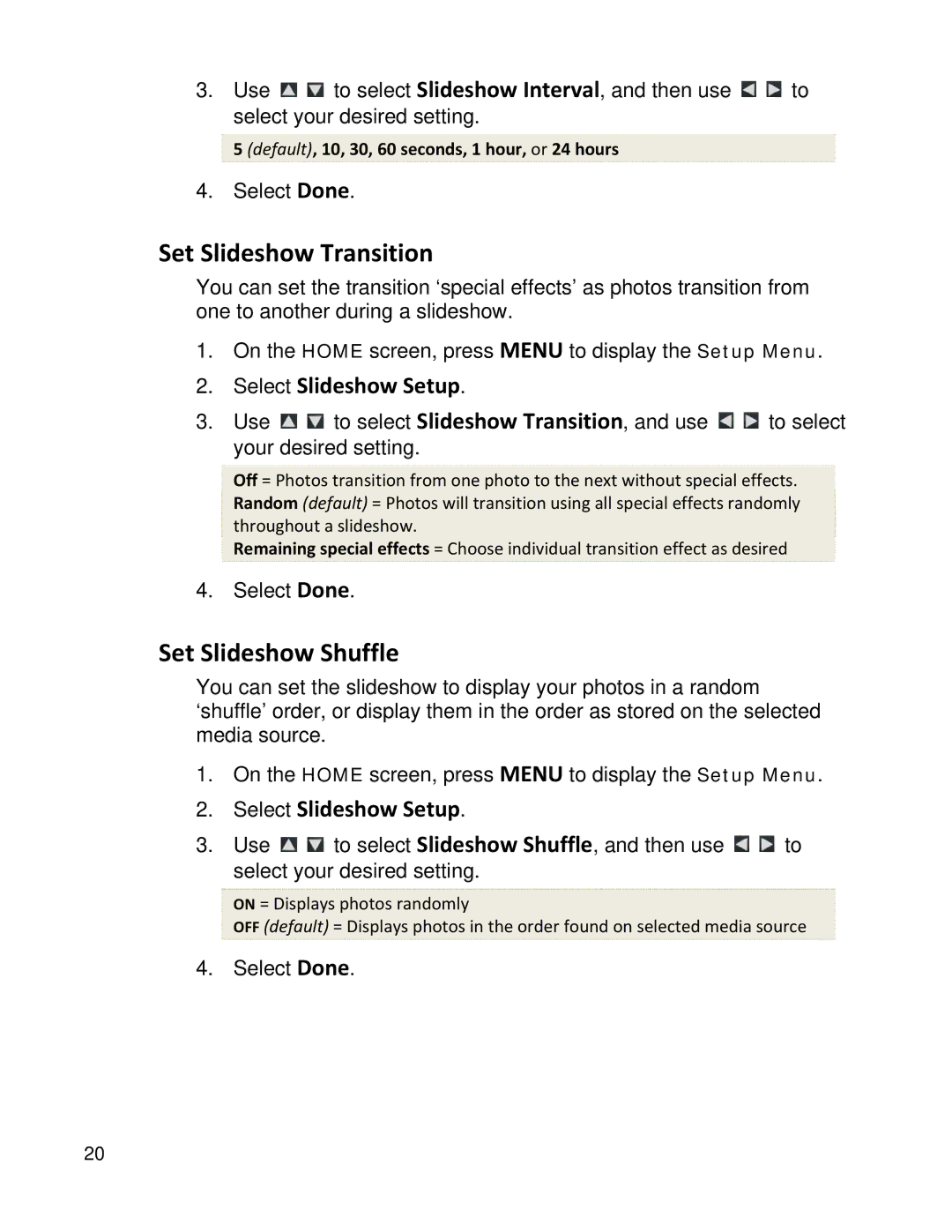 Pandigital PI1002DW, PI1051DWCB manual Set Slideshow Transition, Set Slideshow Shuffle 