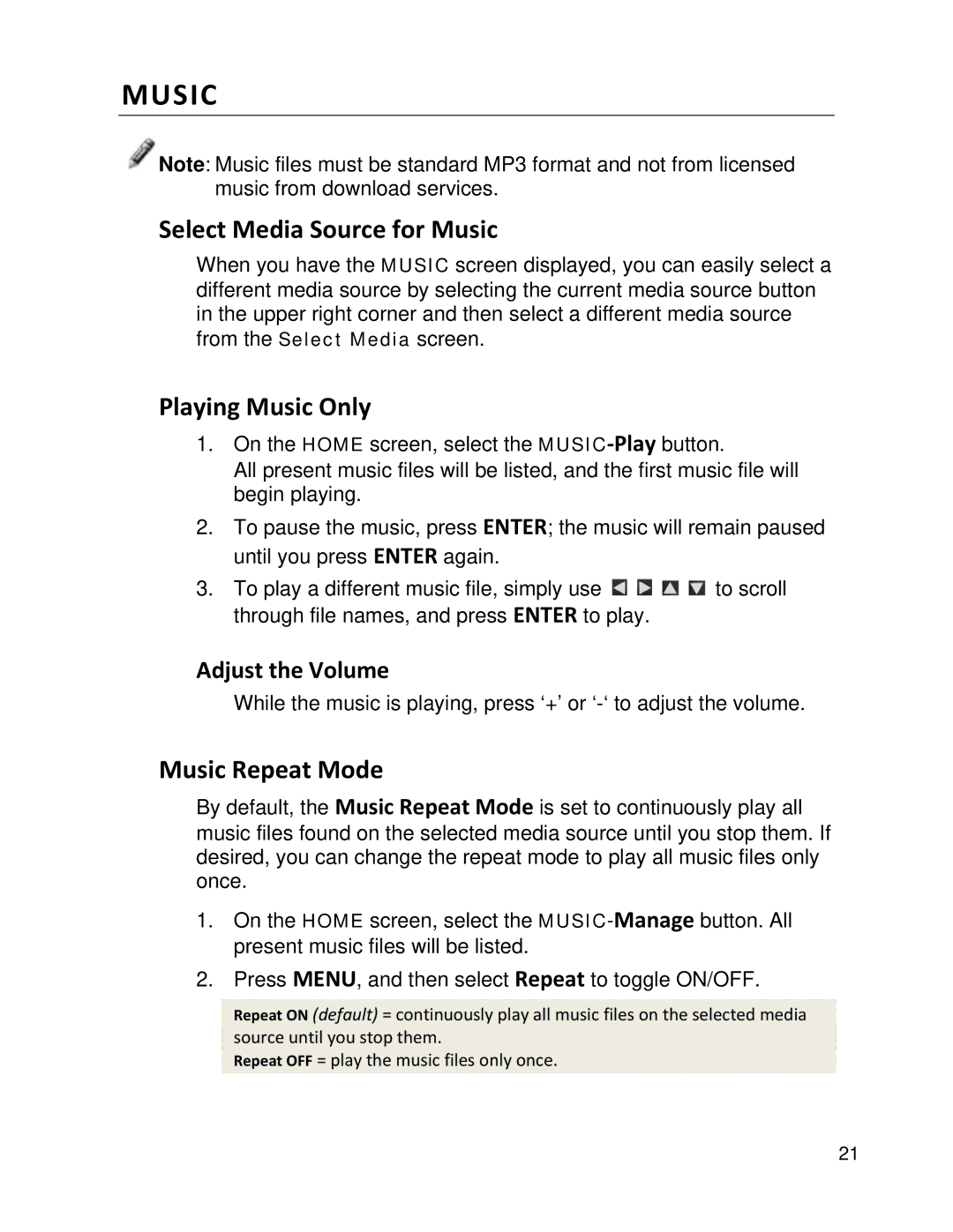Pandigital PI1051DWCB, PI1002DW manual Select Media Source for Music, Playing Music Only, Music Repeat Mode 