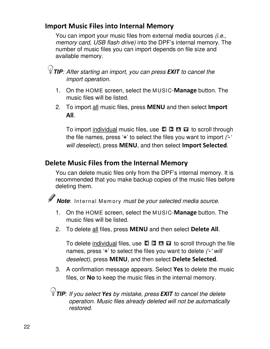 Pandigital PI1002DW, PI1051DWCB Import Music Files into Internal Memory, Delete Music Files from the Internal Memory, All 