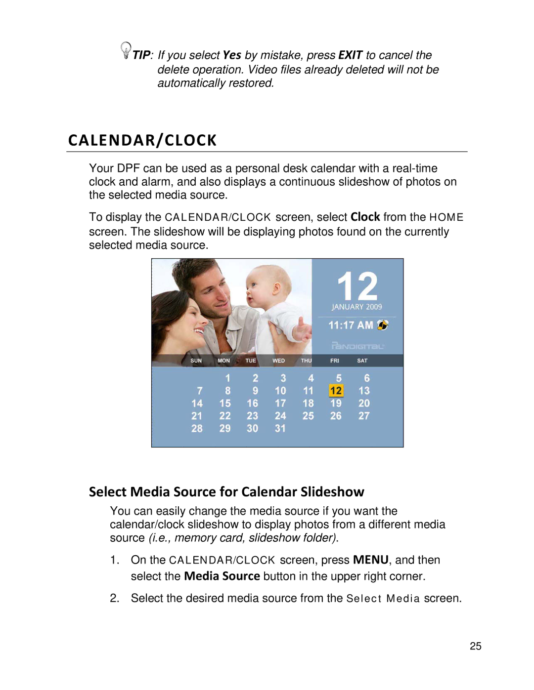 Pandigital PI1051DWCB, PI1002DW manual Calendar/Clock, Select Media Source for Calendar Slideshow 