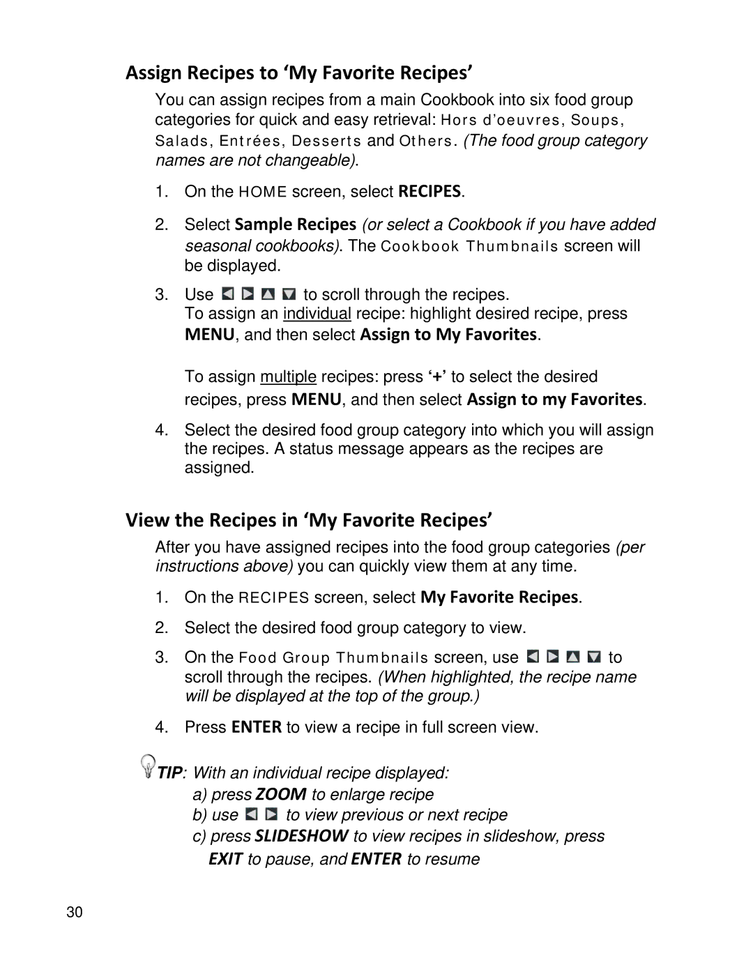 Pandigital PI1002DW, PI1051DWCB manual Assign Recipes to ‘My Favorite Recipes’, View the Recipes in ‘My Favorite Recipes’ 