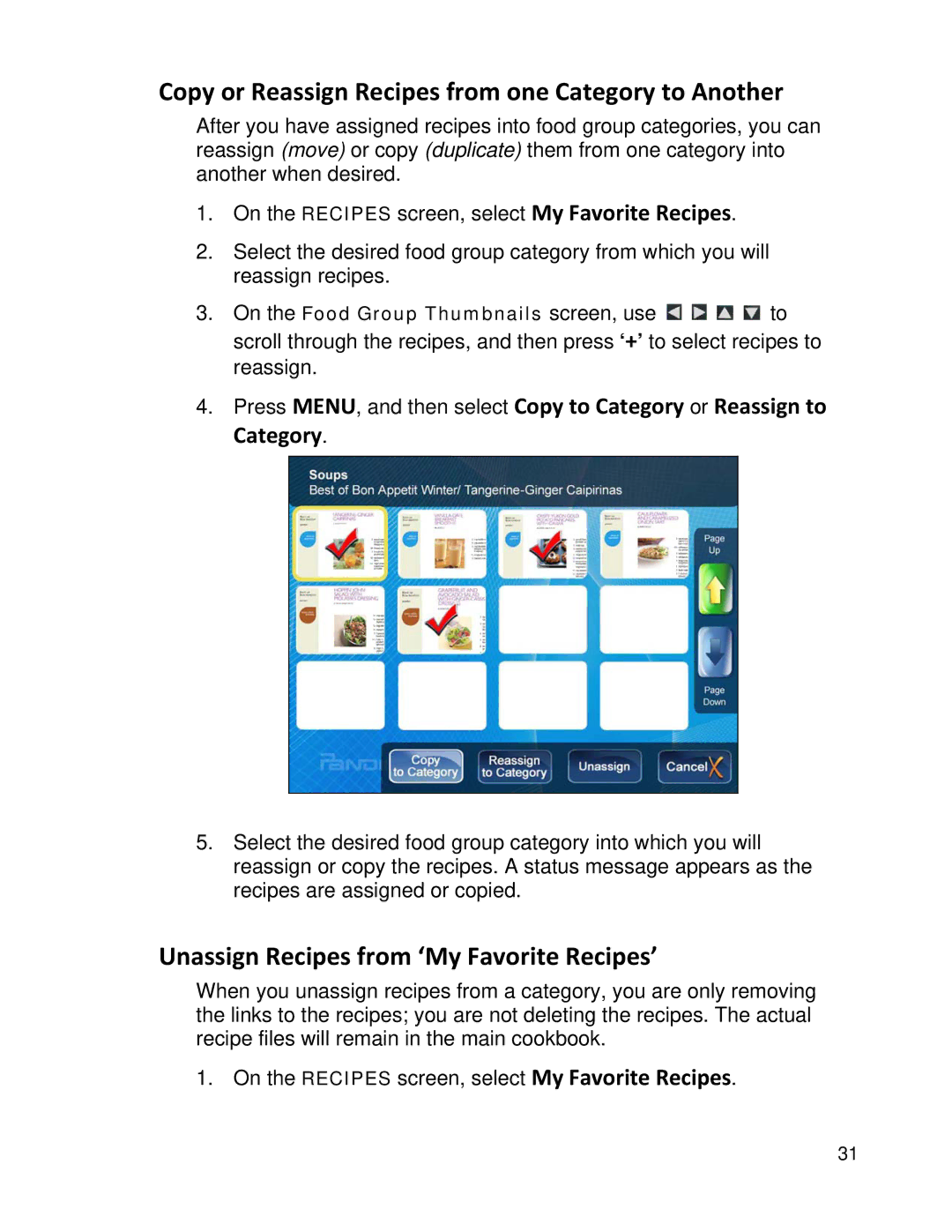 Pandigital PI1051DWCB Copy or Reassign Recipes from one Category to Another, Unassign Recipes from ‘My Favorite Recipes’ 