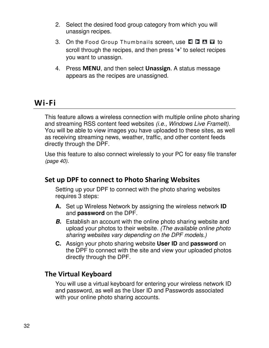 Pandigital PI1002DW, PI1051DWCB manual Wi-Fi, Set up DPF to connect to Photo Sharing Websites, Virtual Keyboard 