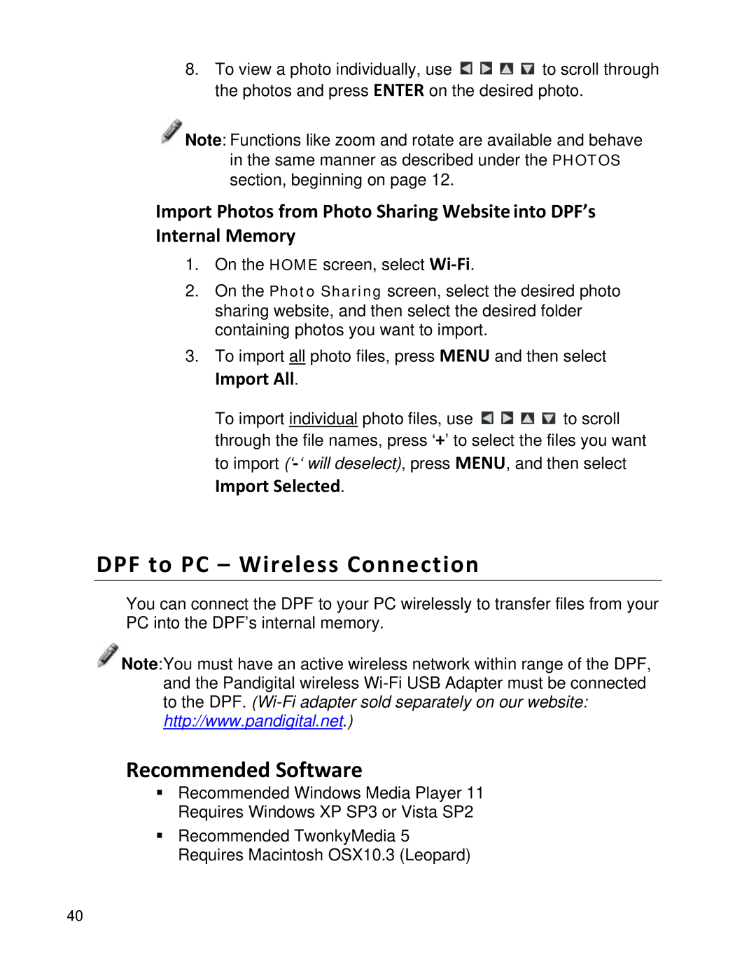 Pandigital PI1002DW, PI1051DWCB manual DPF to PC Wireless Connection, Recommended Software 