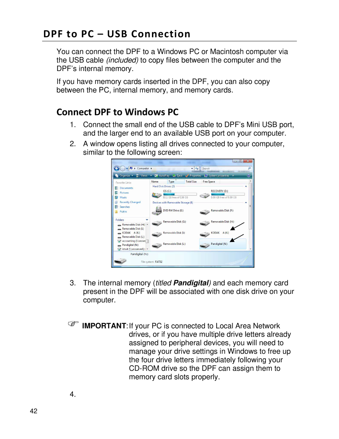 Pandigital PI1002DW, PI1051DWCB manual DPF to PC USB Connection, Connect DPF to Windows PC 