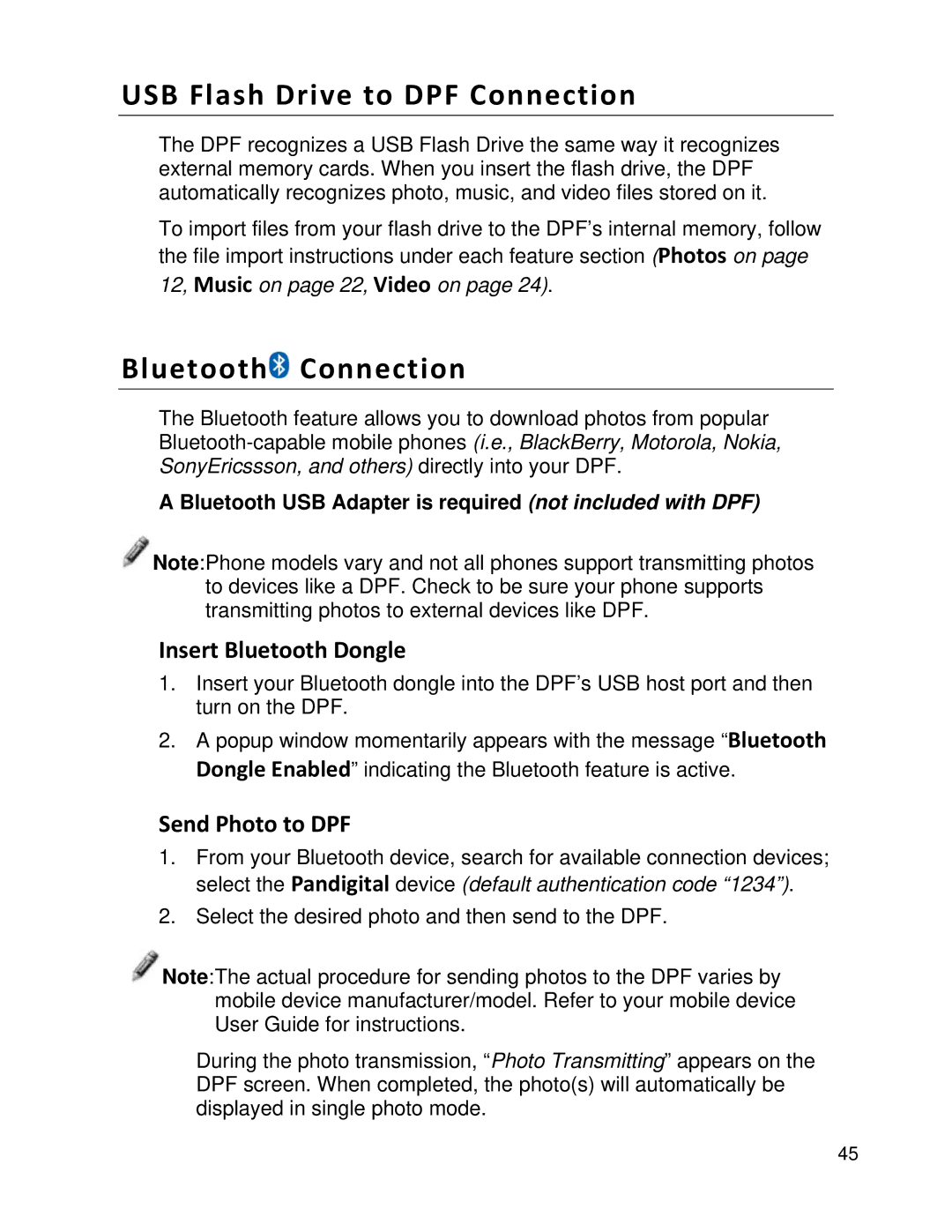 Pandigital PI1051DWCB USB Flash Drive to DPF Connection, Bluetooth Connection, Insert Bluetooth Dongle, Send Photo to DPF 