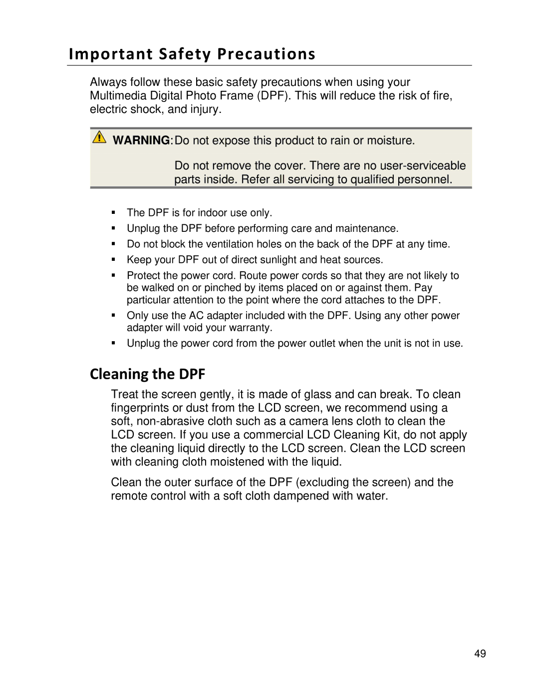 Pandigital PI1051DWCB, PI1002DW manual Important Safety Precautions, Cleaning the DPF 